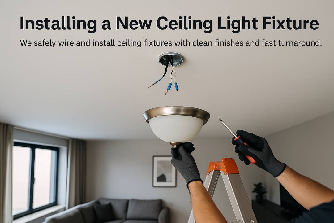 Electrician installing a ceiling light fixture in a modern room using a junction box and clean wiring