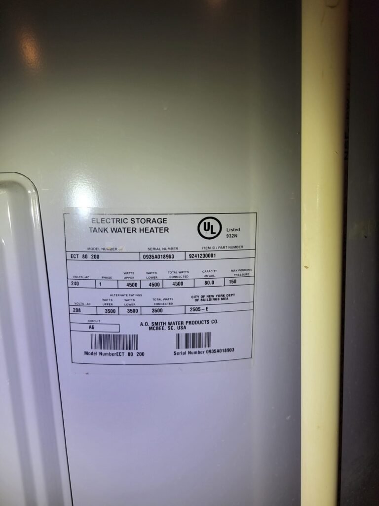 Rating label on a new electric tank water heater in Upper Marlboro, MD