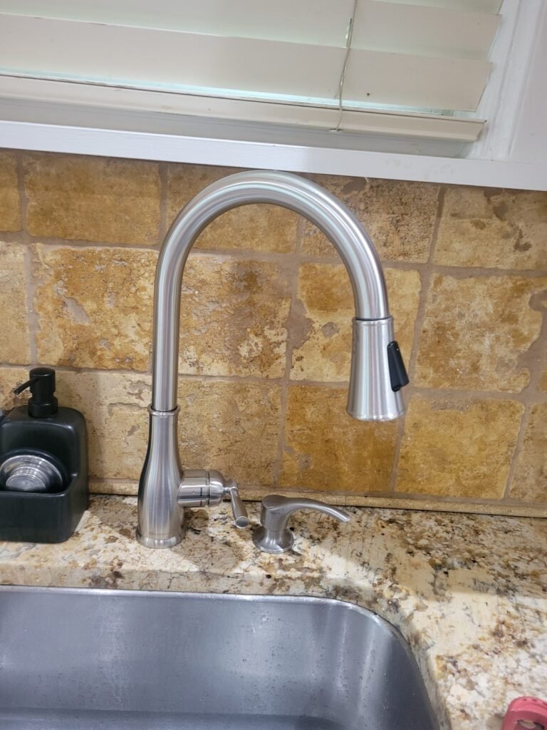 New stainless steel pull-down kitchen faucet installed over an undermount sink in Washington, DC