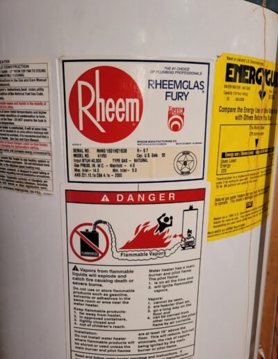 Label on a new Rheem gas water heater in Upper Marlboro, MD