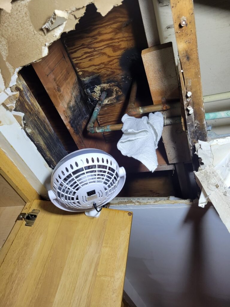 Water-damaged ceiling opened for leak repair in Germantown, MD