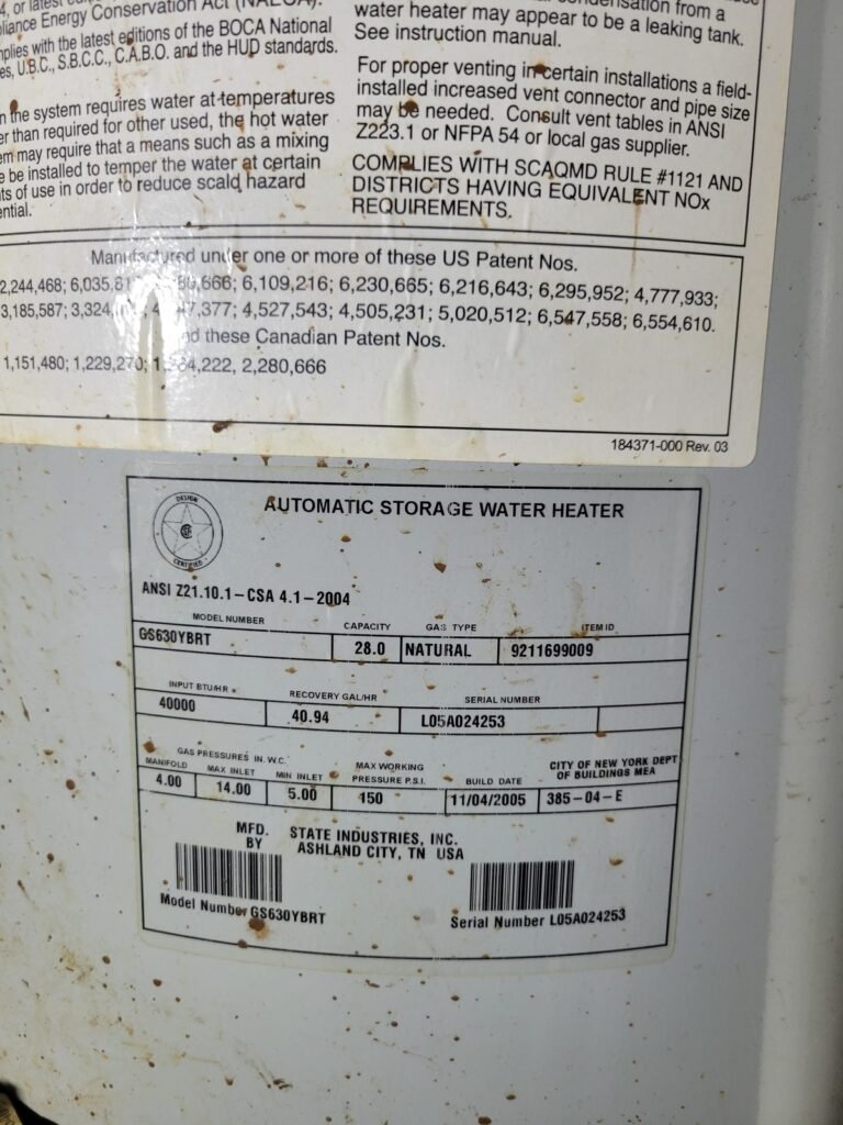 Rating label checked on an old water heater in Seat Pleasant, MD