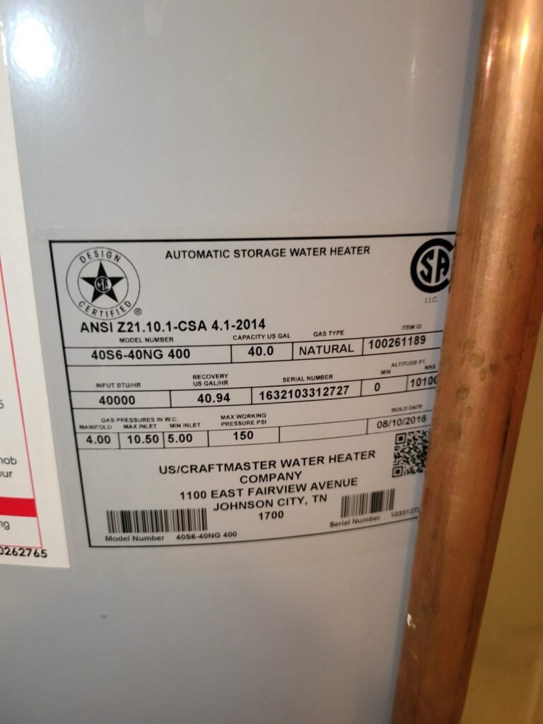Rating label on a new gas water heater in Bowie, MD