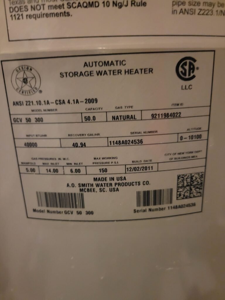Rating label on a gas water heater in District Heights, MD